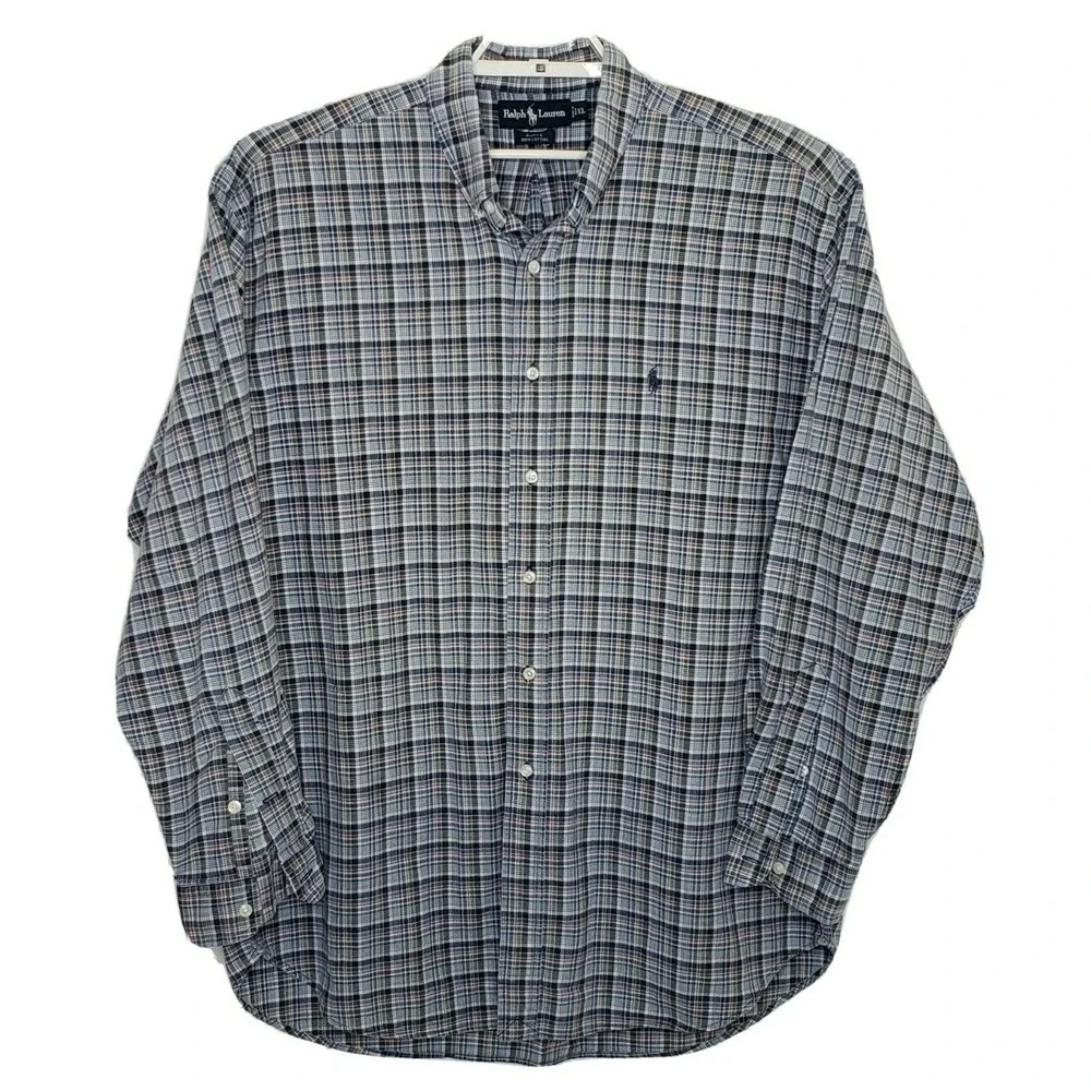 Ralph Lauren Mens Shirt XL‎ L/S Blue Plaid Blake100% Cotton Collared Button Down